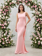 Blushing Pink Satin Mermaid Scoop Neck Back Zip Floor-Length Dress with fishtail hemline and clean seams - Curvevia