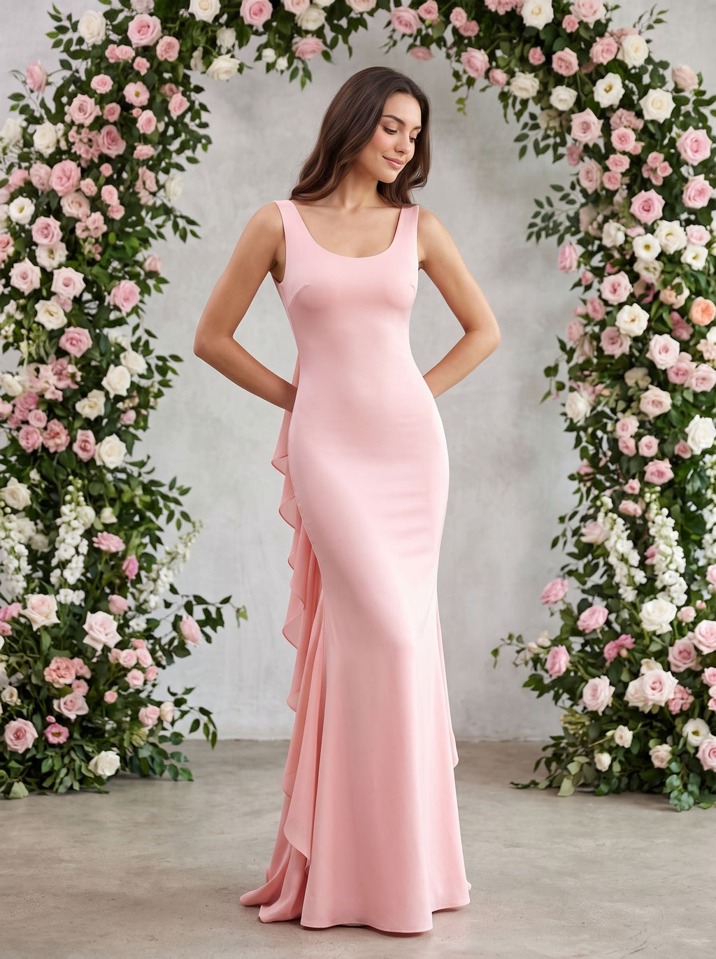 Blushing Pink Satin Mermaid Scoop Neck Back Zip Floor-Length Dress with fishtail hemline and clean seams - Curvevia
