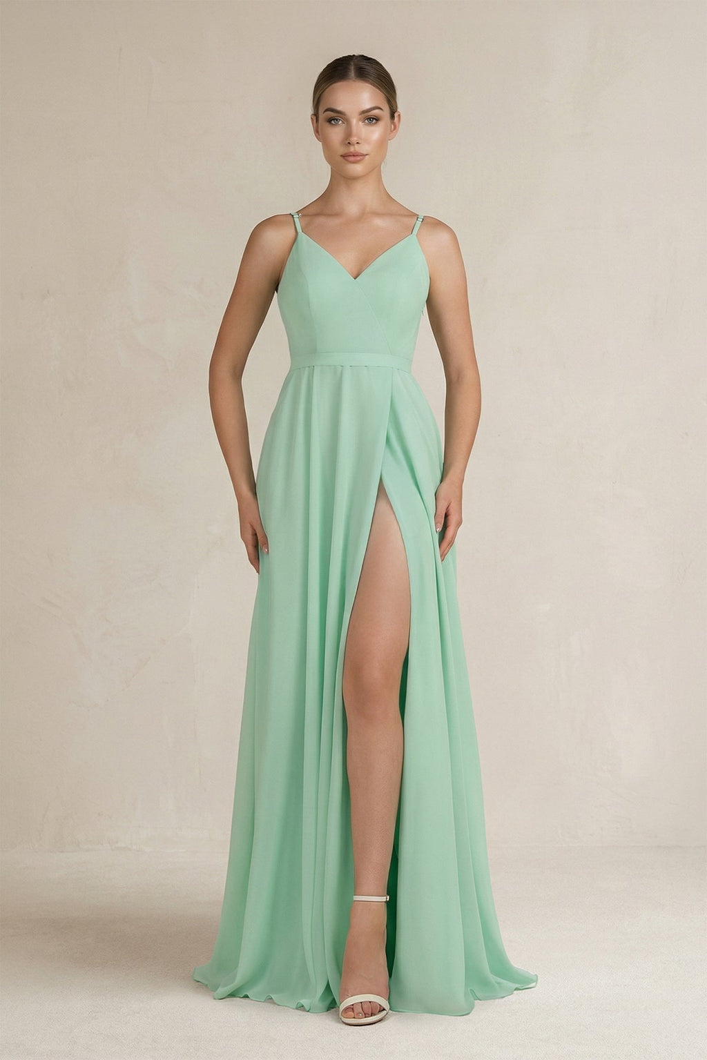 Ruched A-Line Chiffon Bridesmaid Dress with Slit in Pale Pistachio - Curvevia