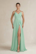 Ruched A-Line Chiffon Bridesmaid Dress with Slit in Pale Pistachio - Curvevia