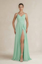 Ruched A-Line Chiffon Bridesmaid Dress with Slit in Pale Pistachio - Curvevia