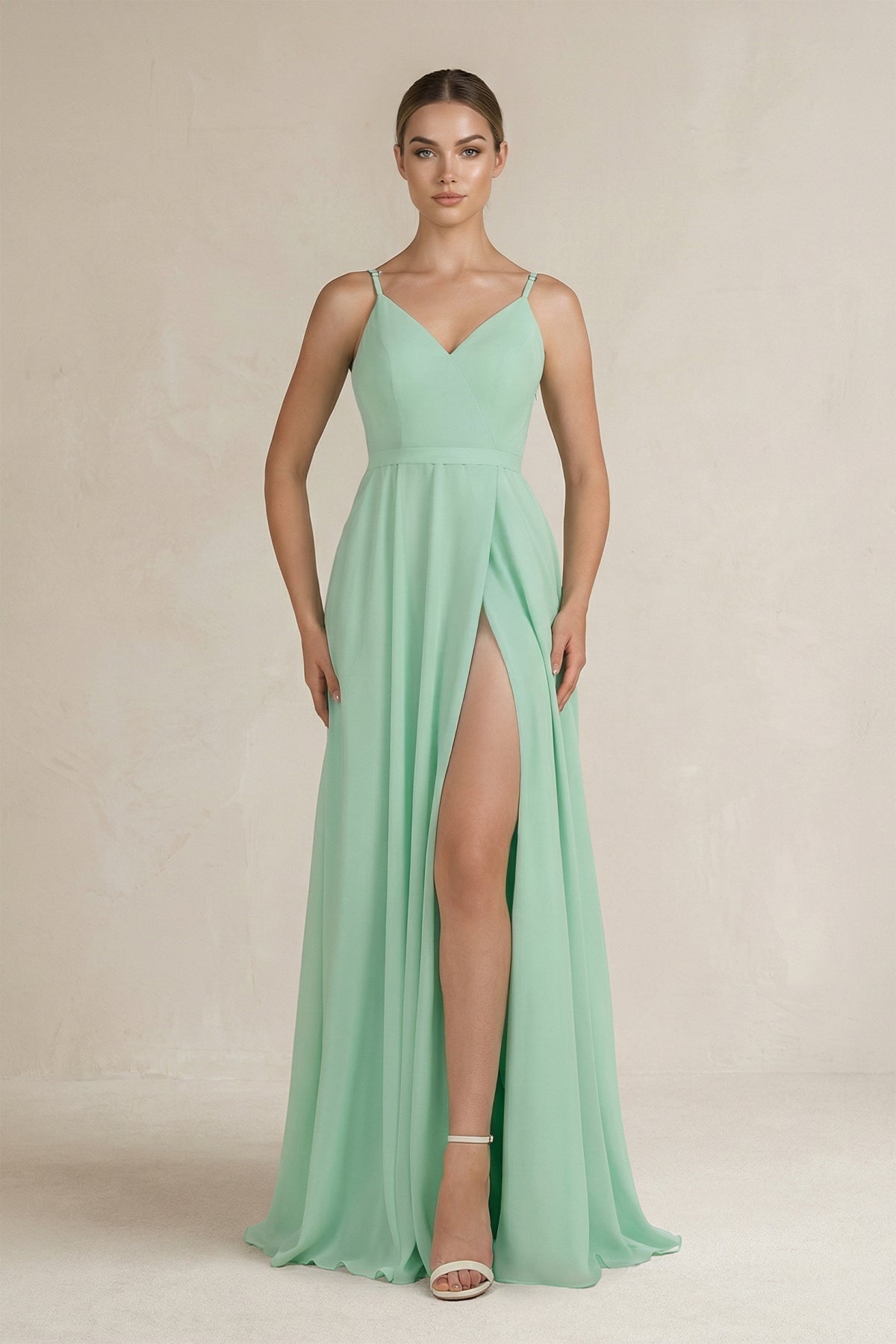 Ruched A-Line Chiffon Bridesmaid Dress with Slit in Pale Pistachio - Curvevia