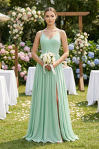 Ruched A-Line Chiffon Bridesmaid Dress with Slit in Pale Pistachio - Curvevia