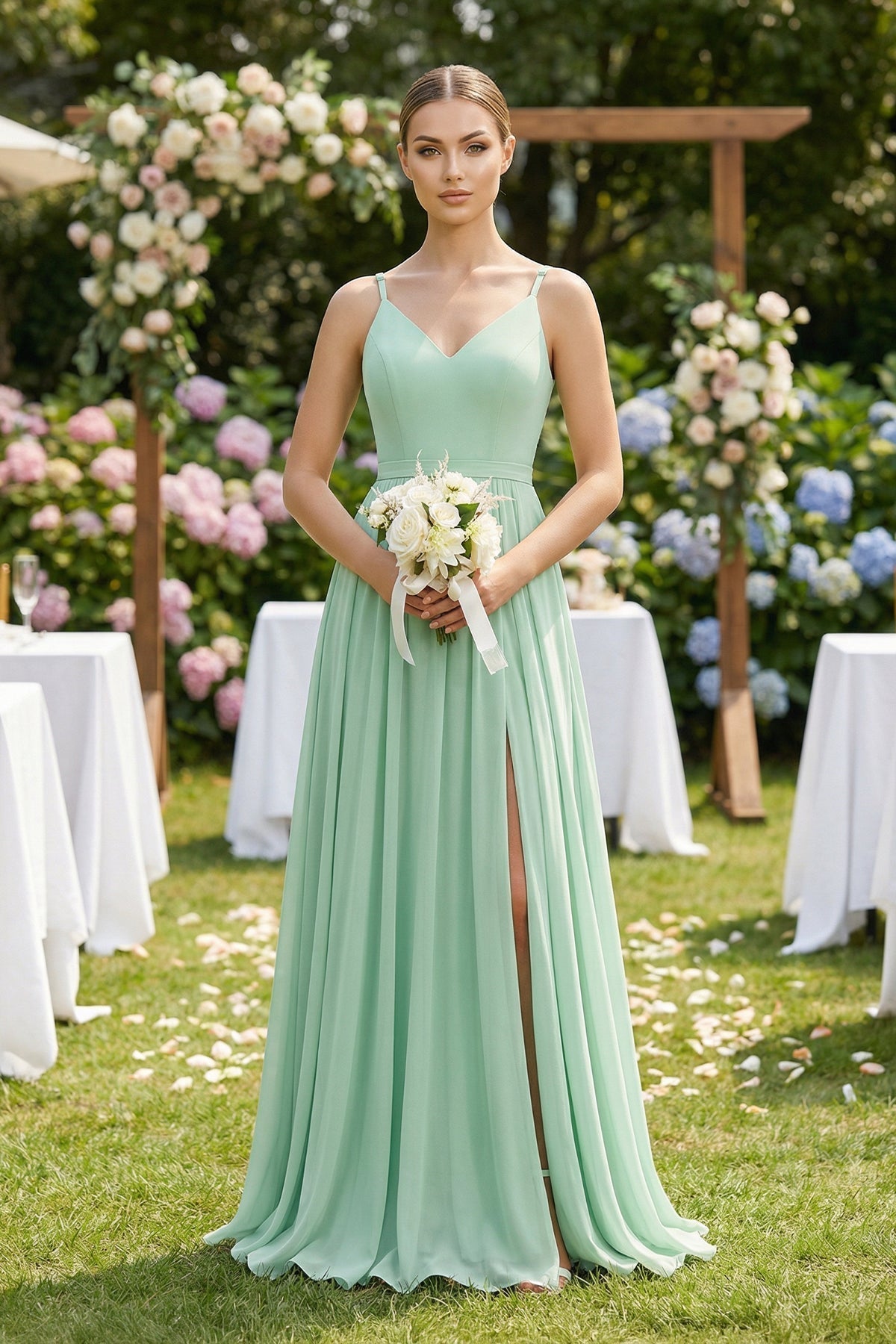 Ruched A-Line Chiffon Bridesmaid Dress with Slit in Pale Pistachio - Curvevia