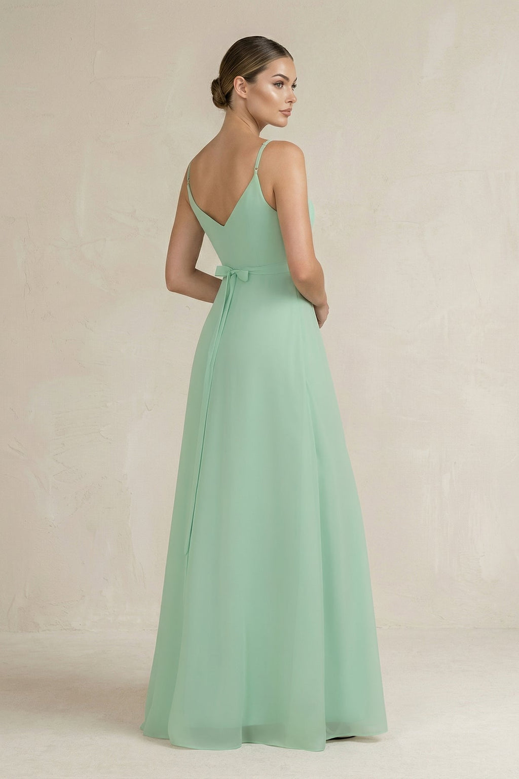 Ruched A-Line Chiffon Bridesmaid Dress with Slit in Pale Pistachio - Curvevia
