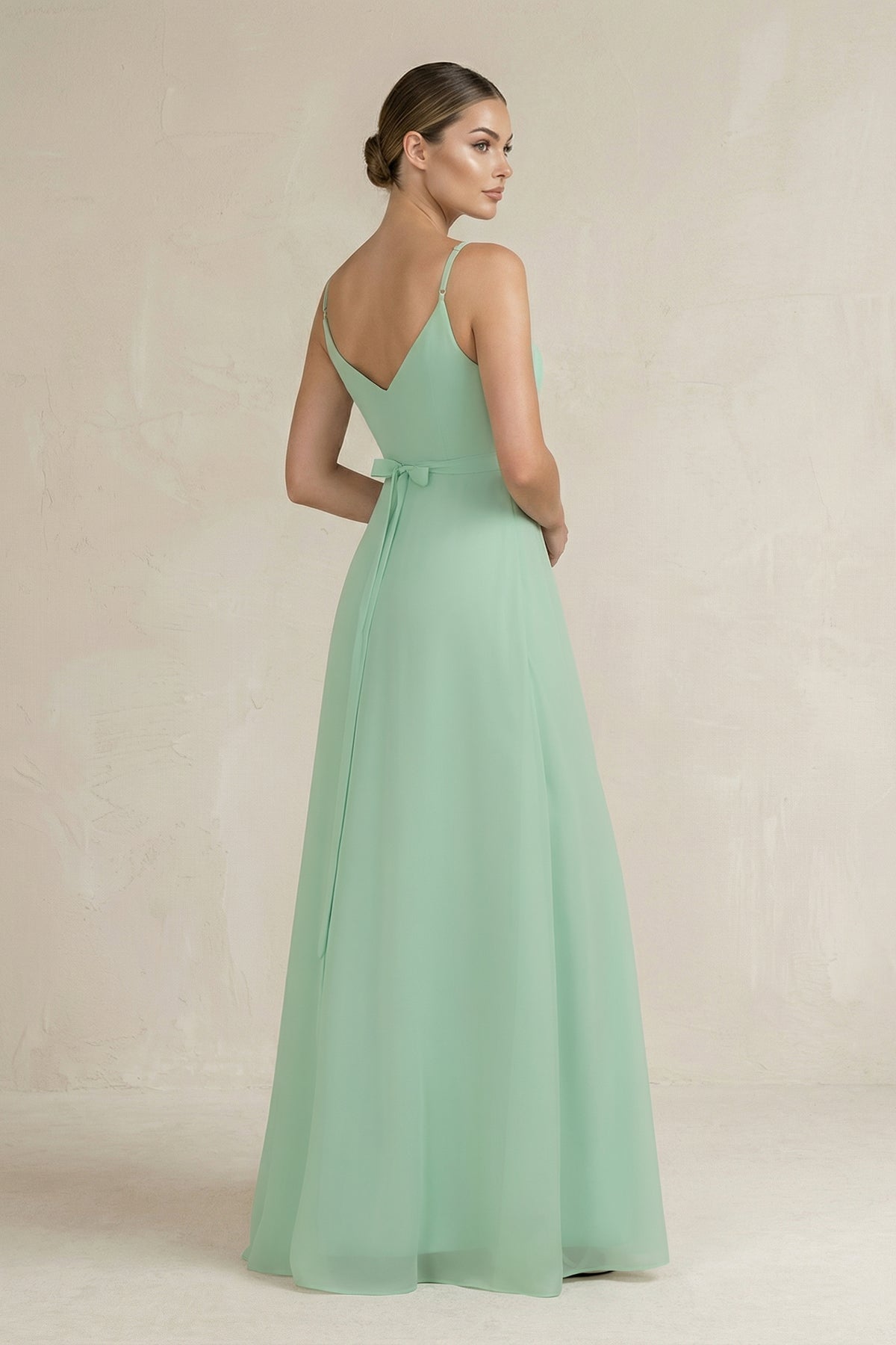Ruched A-Line Chiffon Bridesmaid Dress with Slit in Pale Pistachio - Curvevia