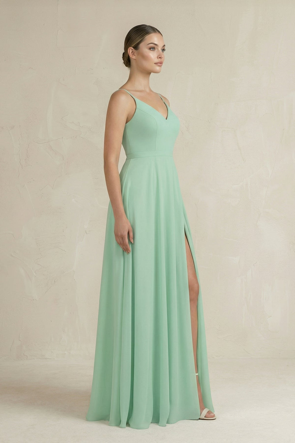 Ruched A-Line Chiffon Bridesmaid Dress with Slit in Pale Pistachio - Curvevia