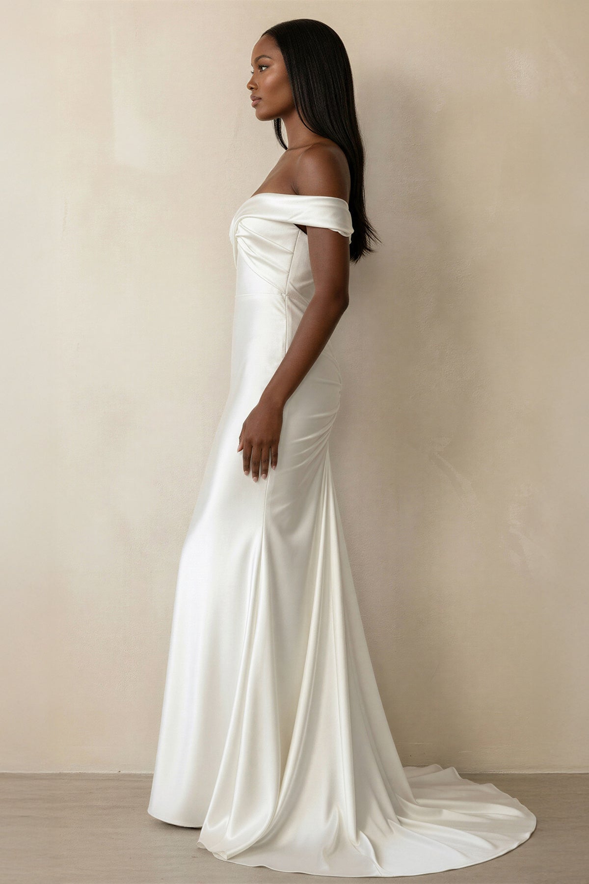 Ruched Off-the-Shoulder Satin Mermaid Wedding Dress in Ivory - Curvevia