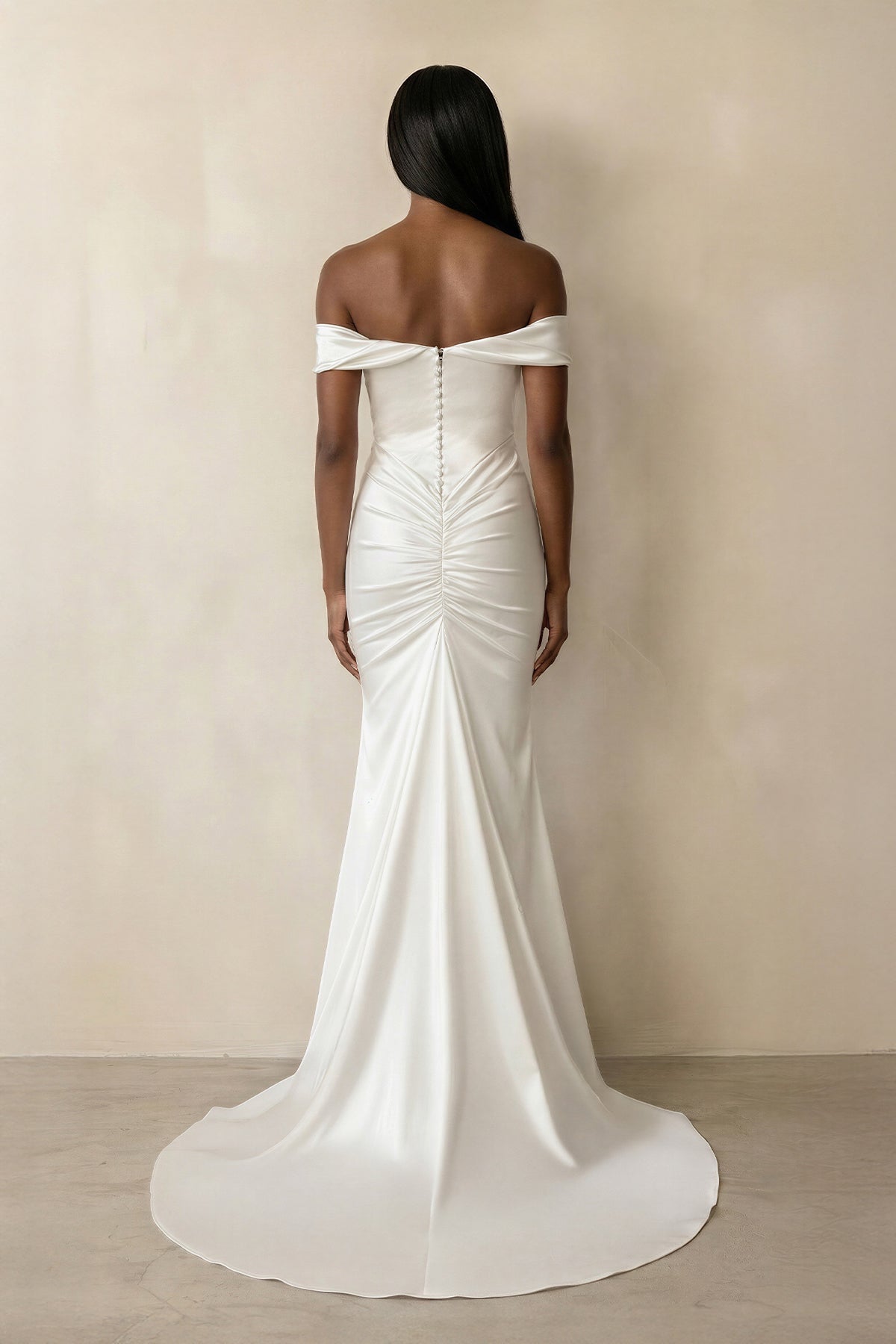 Ruched Off-the-Shoulder Satin Mermaid Wedding Dress in Ivory - Curvevia