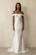 Ruched Off-the-Shoulder Satin Mermaid Wedding Dress in Ivory - Curvevia