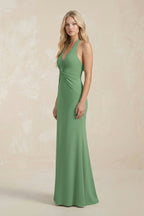 Ruched V-Neck Sheath Bridesmaid Dress With Bow in Matcha - Curvevia
