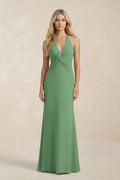 Ruched V-Neck Sheath Bridesmaid Dress With Bow in Matcha - Curvevia