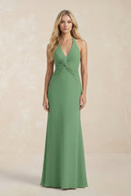 Ruched V-Neck Sheath Bridesmaid Dress With Bow in Matcha - Curvevia