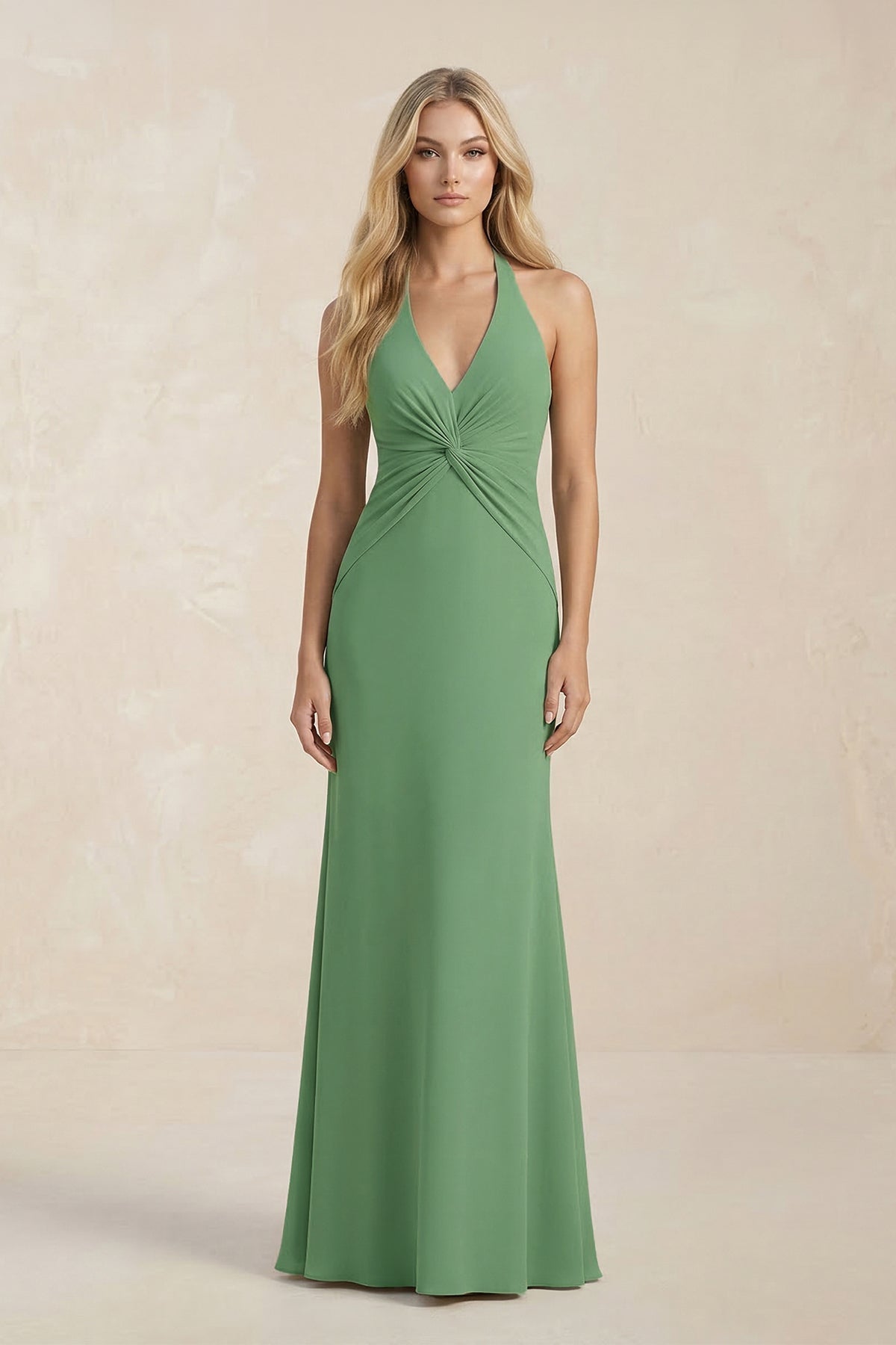Ruched V-Neck Sheath Bridesmaid Dress With Bow in Matcha - Curvevia