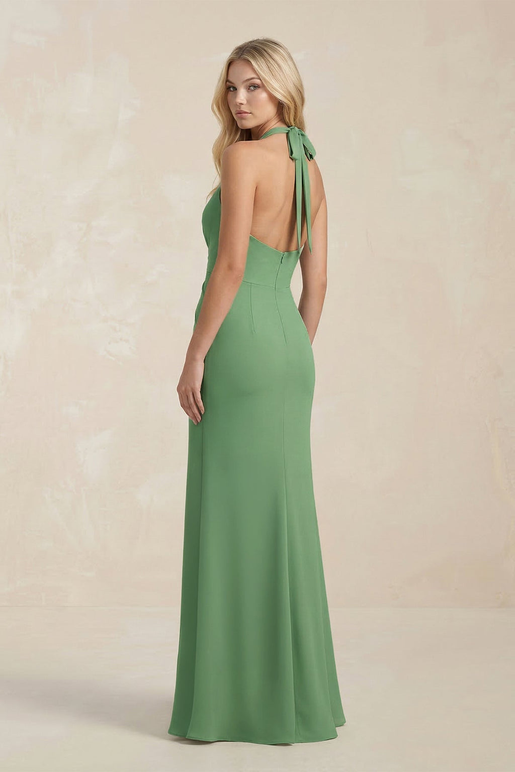 Ruched V-Neck Sheath Bridesmaid Dress With Bow in Matcha - Curvevia