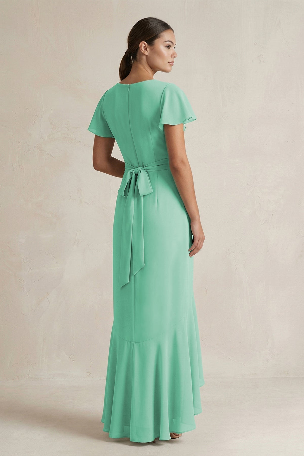 Rufffled V-Neck Sheath Chiffon Bridesmaid Dress in Turquoise - Curvevia