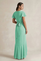 Rufffled V-Neck Sheath Chiffon Bridesmaid Dress in Turquoise - Curvevia