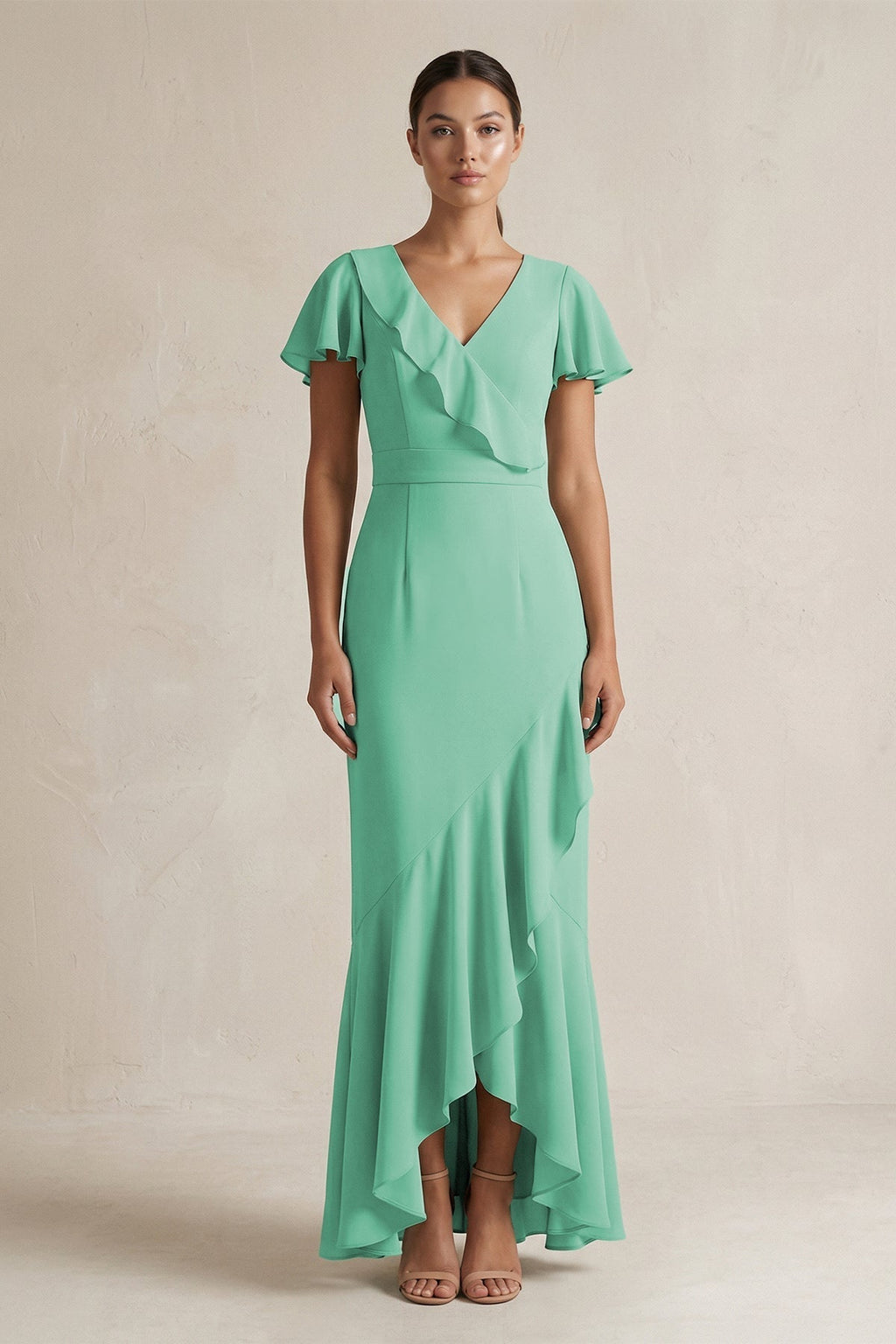 Rufffled V-Neck Sheath Chiffon Bridesmaid Dress in Turquoise - Curvevia