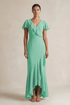 Rufffled V-Neck Sheath Chiffon Bridesmaid Dress in Turquoise - Curvevia