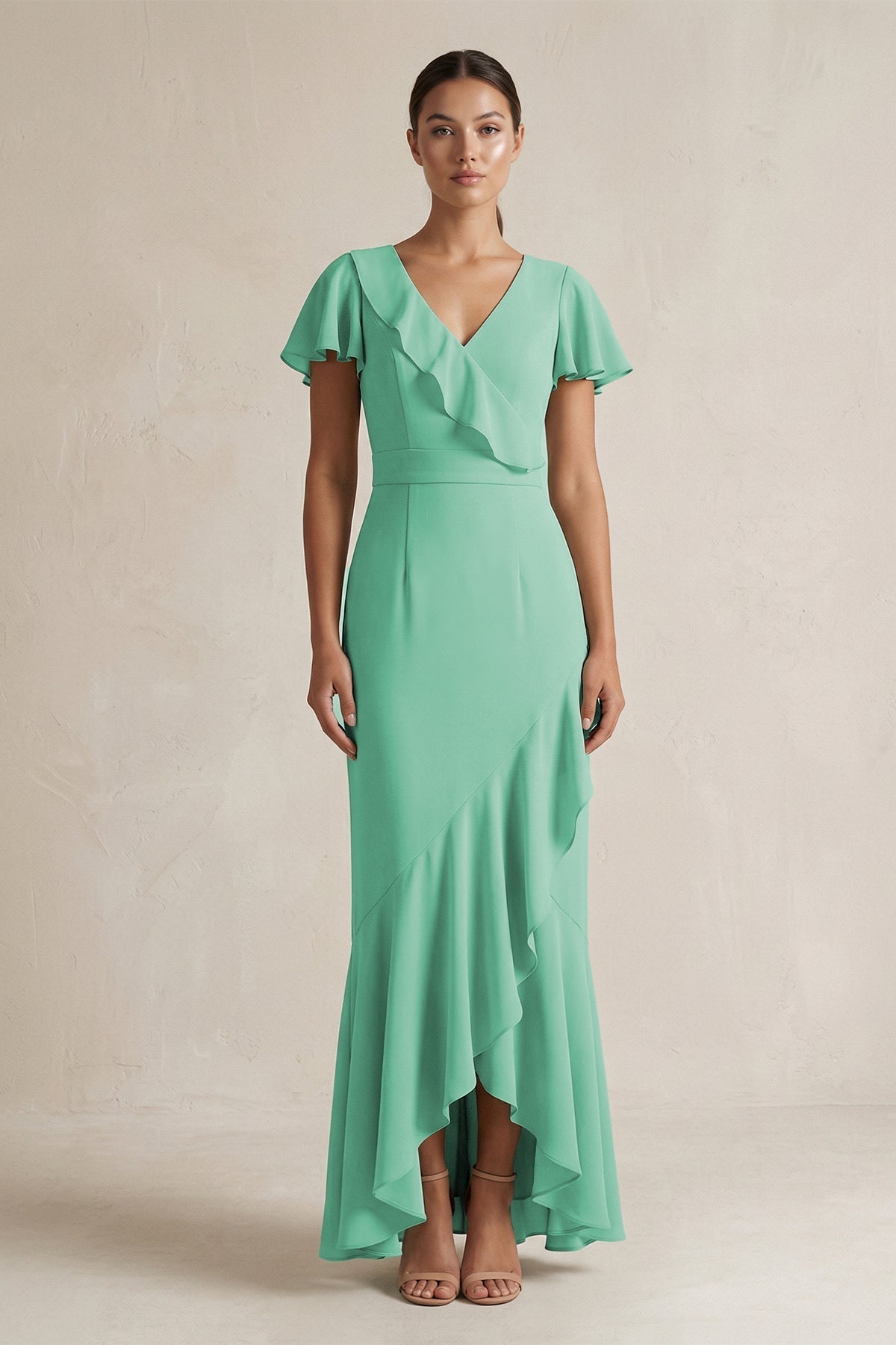 Rufffled V-Neck Sheath Chiffon Bridesmaid Dress in Turquoise - Curvevia