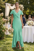 Rufffled V-Neck Sheath Chiffon Bridesmaid Dress in Turquoise - Curvevia