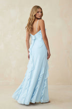 Ruffled Cami Strap Chiffon Sheath Bridesmaid Dress in Sky Blue - Curvevia