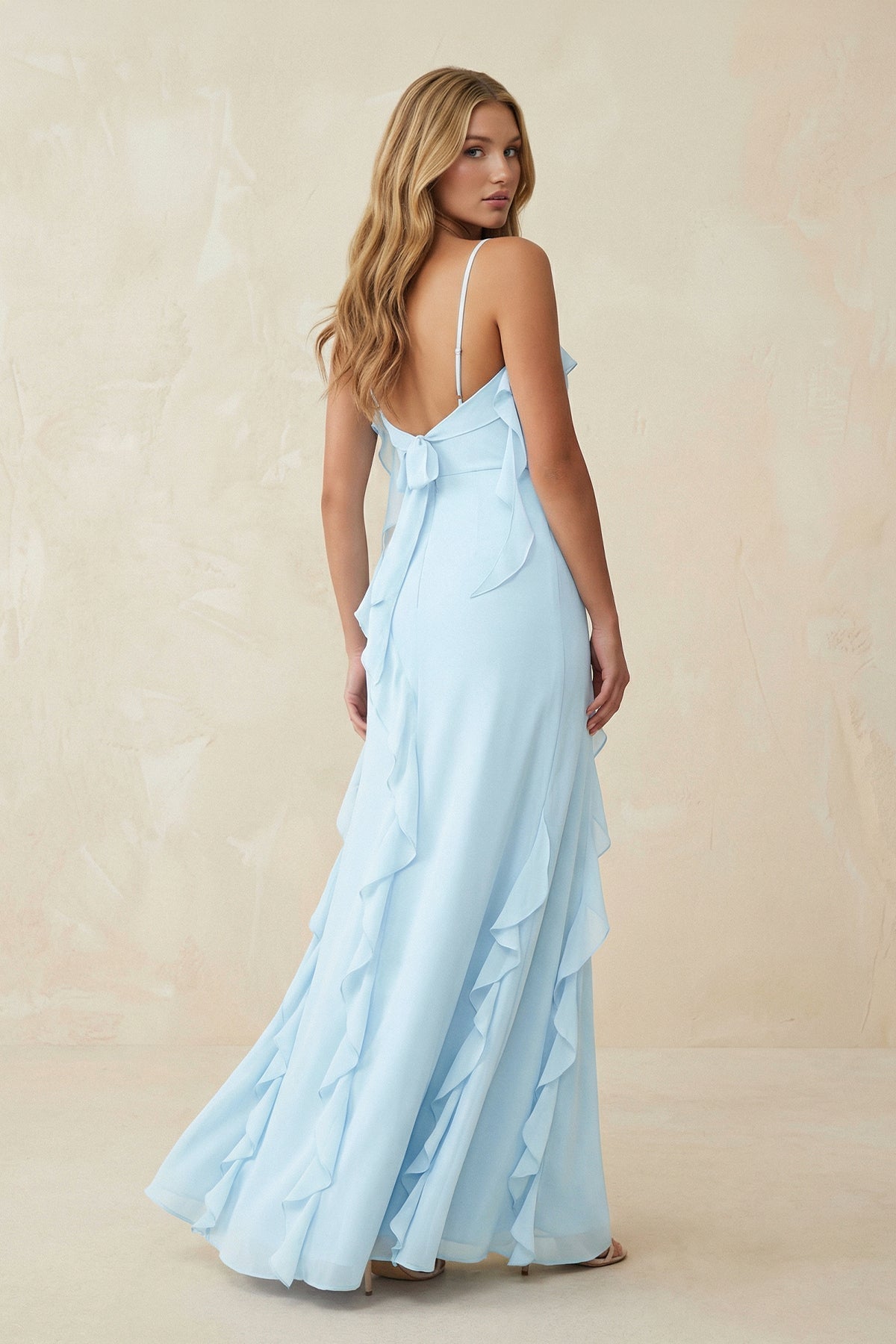 Ruffled Cami Strap Chiffon Sheath Bridesmaid Dress in Sky Blue - Curvevia