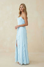 Ruffled Cami Strap Chiffon Sheath Bridesmaid Dress in Sky Blue - Curvevia
