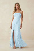 Ruffled Cami Strap Chiffon Sheath Bridesmaid Dress in Sky Blue - Curvevia