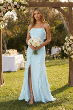 Ruffled Cami Strap Chiffon Sheath Bridesmaid Dress in Sky Blue - Curvevia