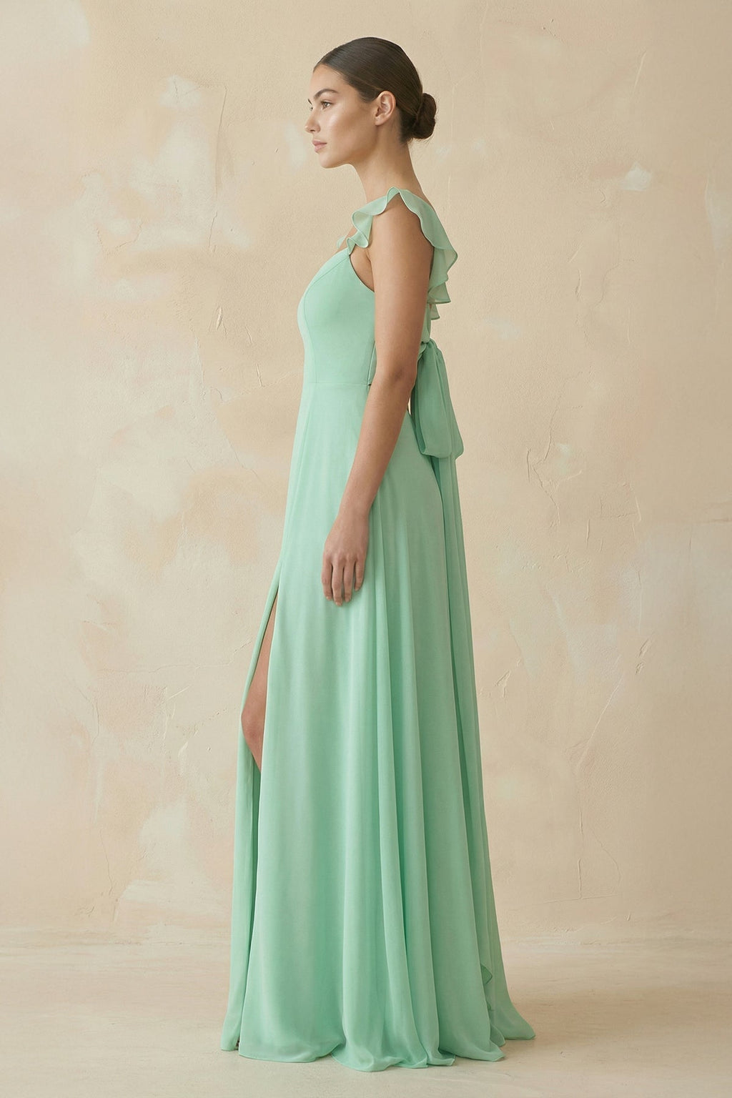 Ruffled Chiffon A-Line Long Bridesmaid Dress in Pale Pistachio - Curvevia