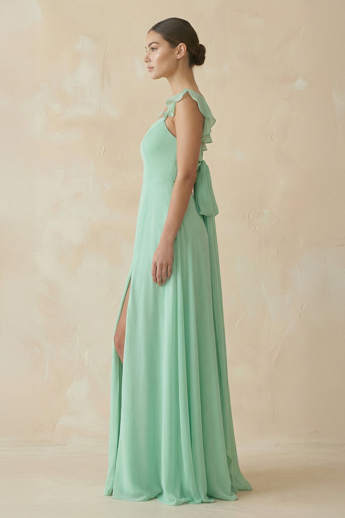 Ruffled Chiffon A-Line Long Bridesmaid Dress in Pale Pistachio - Curvevia