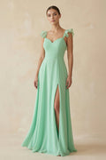 Ruffled Chiffon A-Line Long Bridesmaid Dress in Pale Pistachio - Curvevia