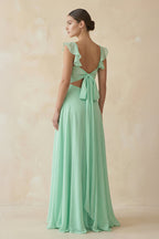 Ruffled Chiffon A-Line Long Bridesmaid Dress in Pale Pistachio - Curvevia