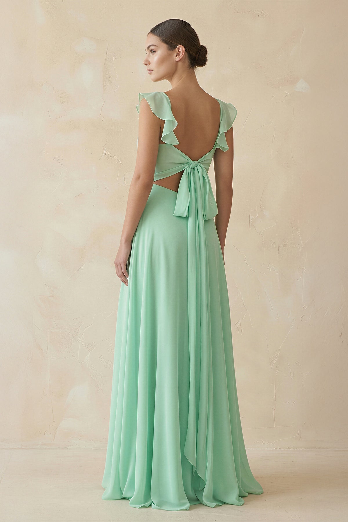 Ruffled Chiffon A-Line Long Bridesmaid Dress in Pale Pistachio - Curvevia