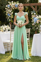 Ruffled Chiffon A-Line Long Bridesmaid Dress in Pale Pistachio - Curvevia