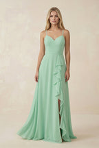 Ruffled Hem A-Line Chiffon Bridesmaid Dress in Pale Pistachio - Curvevia
