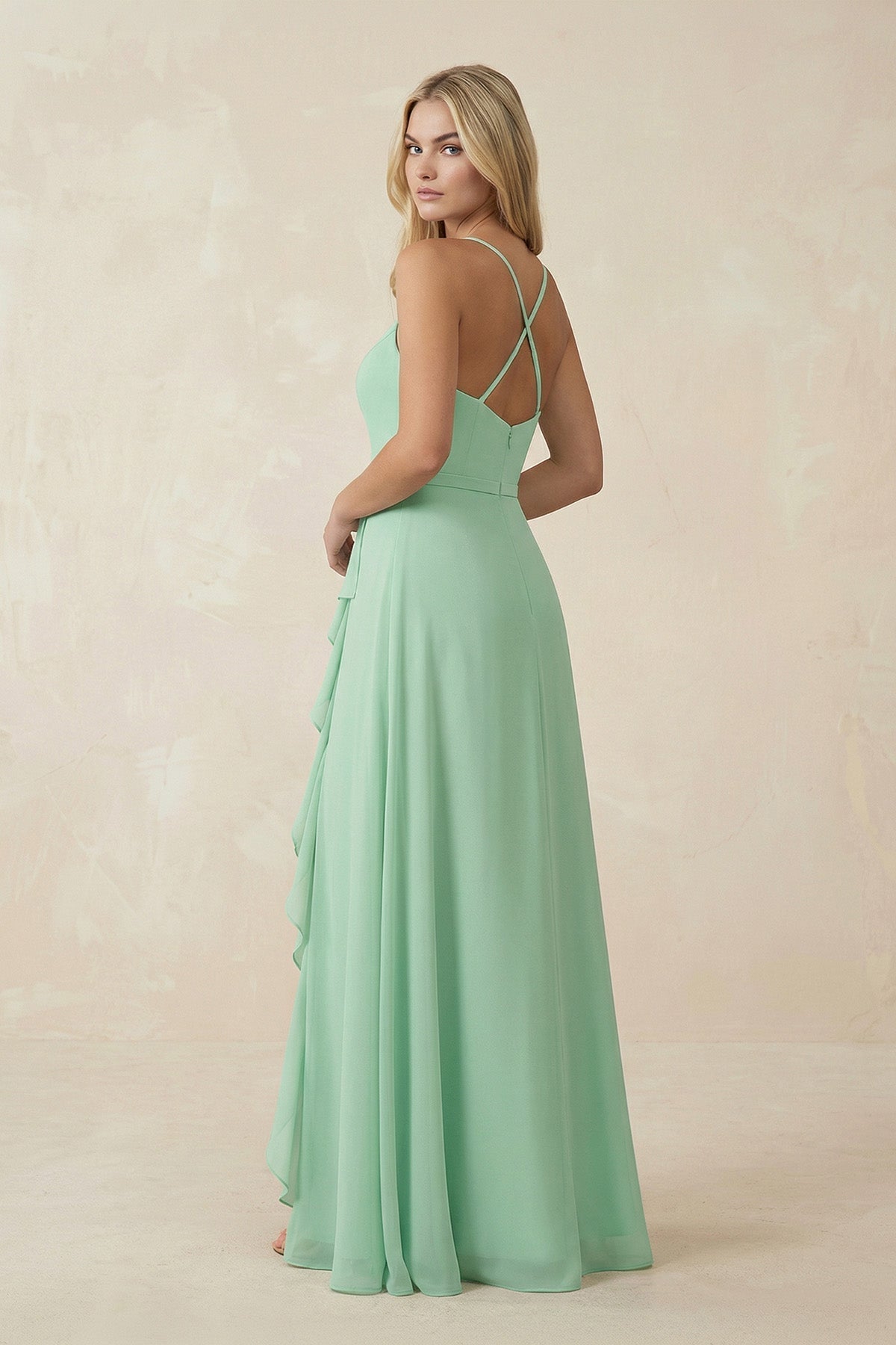 Ruffled Hem A-Line Chiffon Bridesmaid Dress in Pale Pistachio - Curvevia