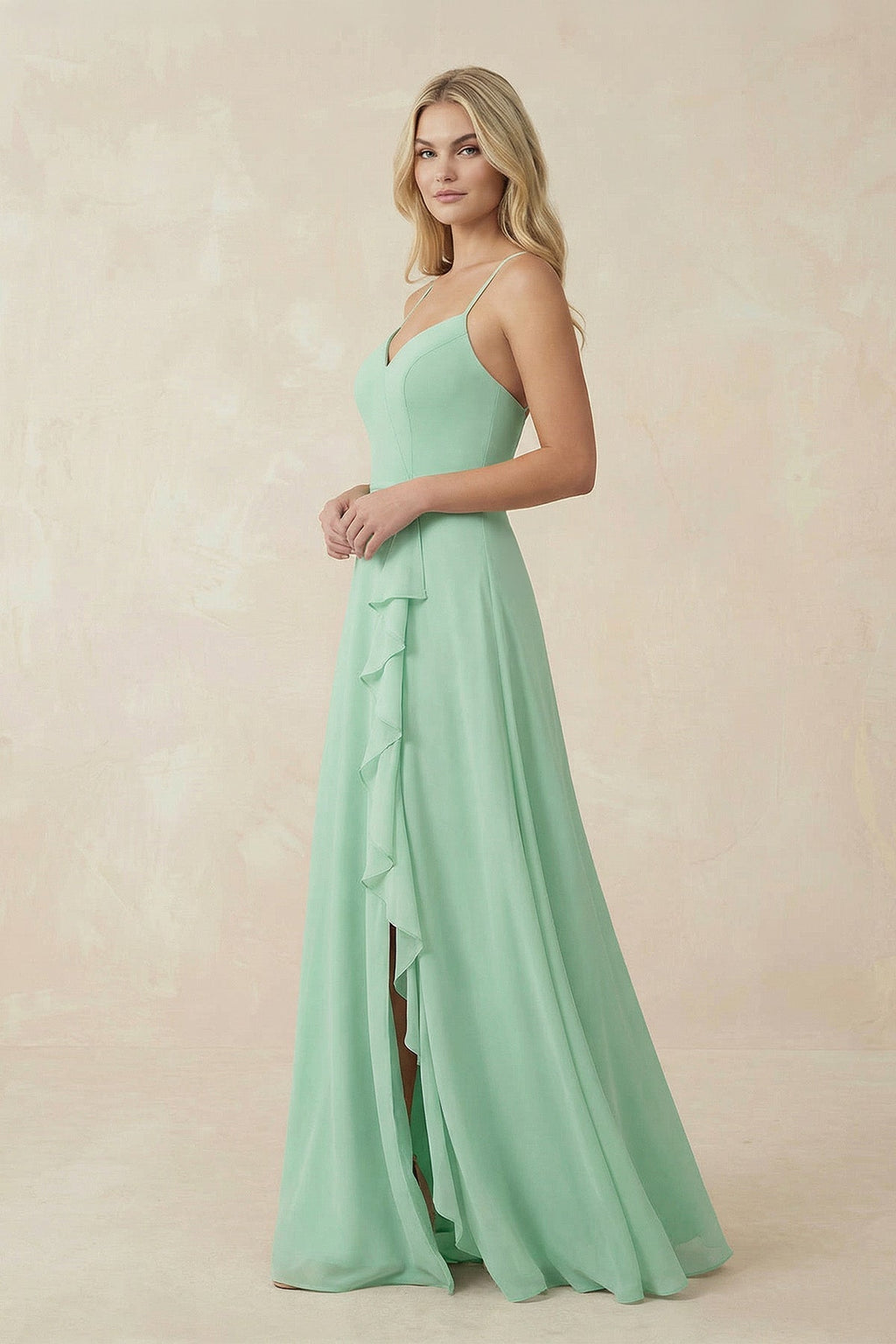 Ruffled Hem A-Line Chiffon Bridesmaid Dress in Pale Pistachio - Curvevia