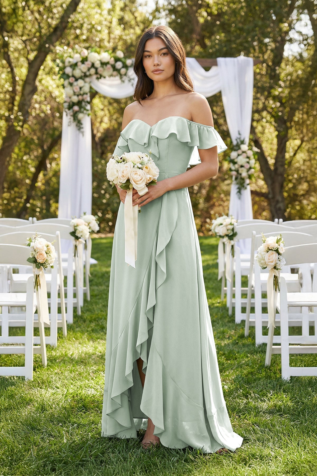 Ruffled Off-the-Shoulder A-Line Chiffon Bridesmaid Dress in Sage - Curvevia