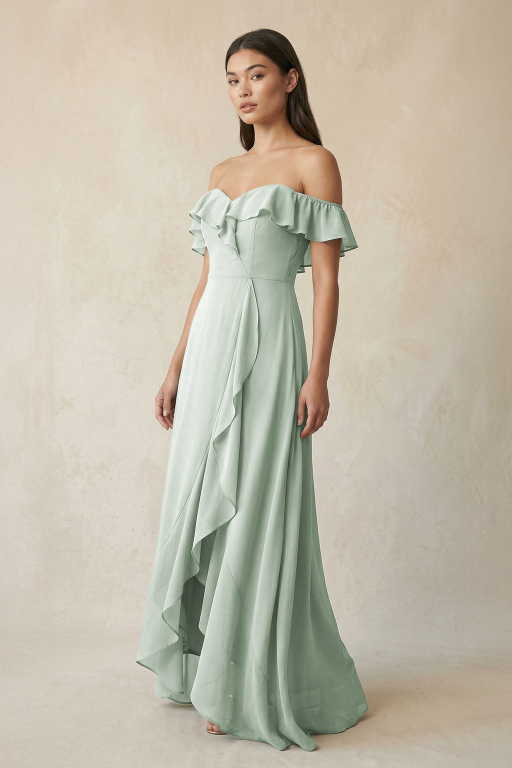 Ruffled Off-the-Shoulder A-Line Chiffon Bridesmaid Dress in Sage - Curvevia
