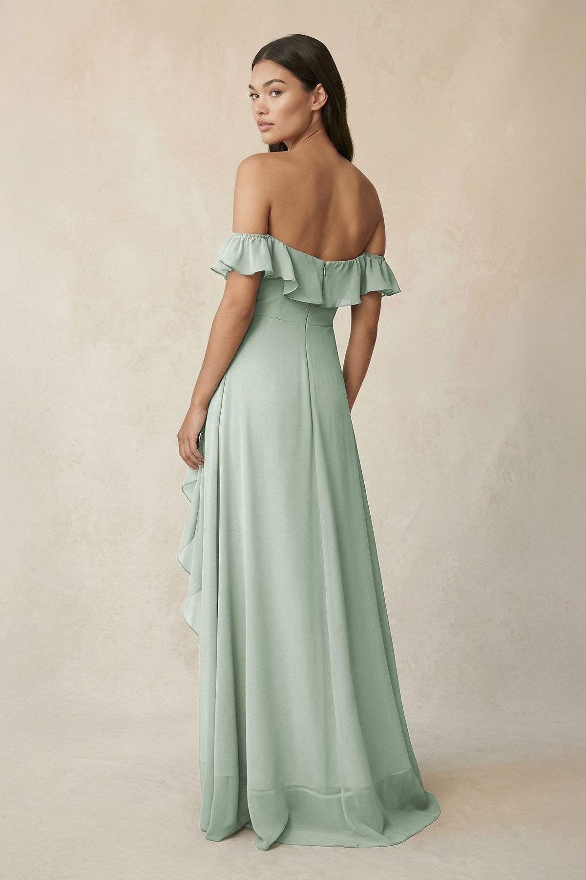 Ruffled Off-the-Shoulder A-Line Chiffon Bridesmaid Dress in Sage - Curvevia