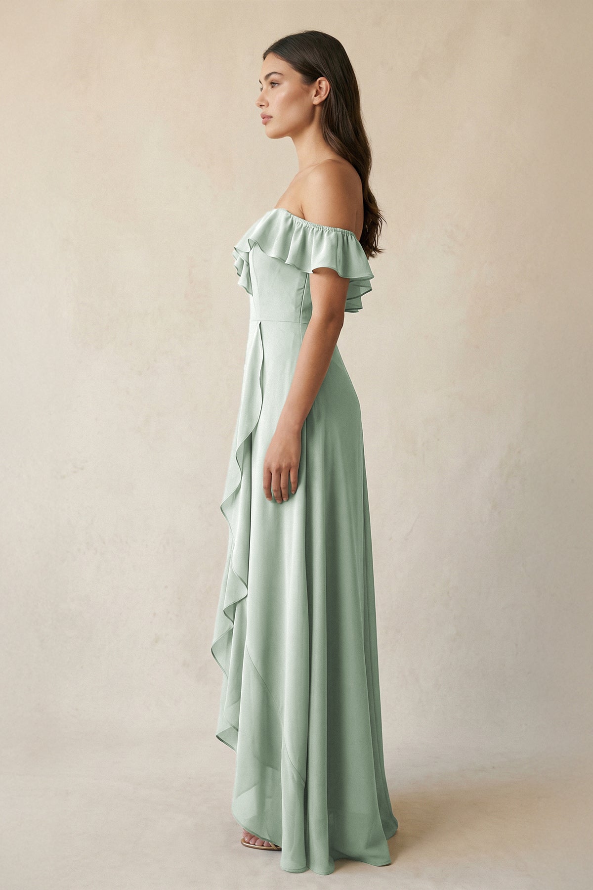 Ruffled Off-the-Shoulder A-Line Chiffon Bridesmaid Dress in Sage - Curvevia