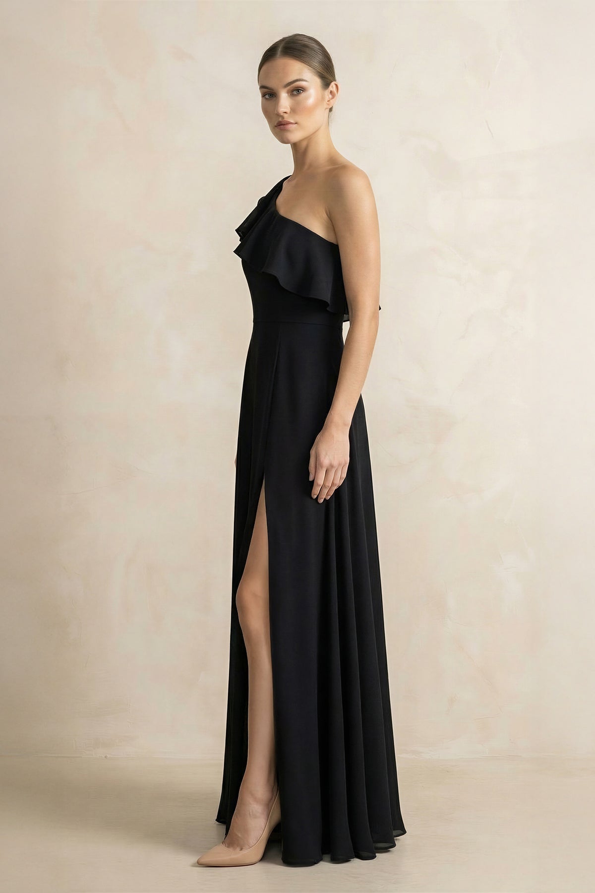 Ruffled One-Shoulder A-Line Chiffon Bridesmaid Dress in Black - Curvevia