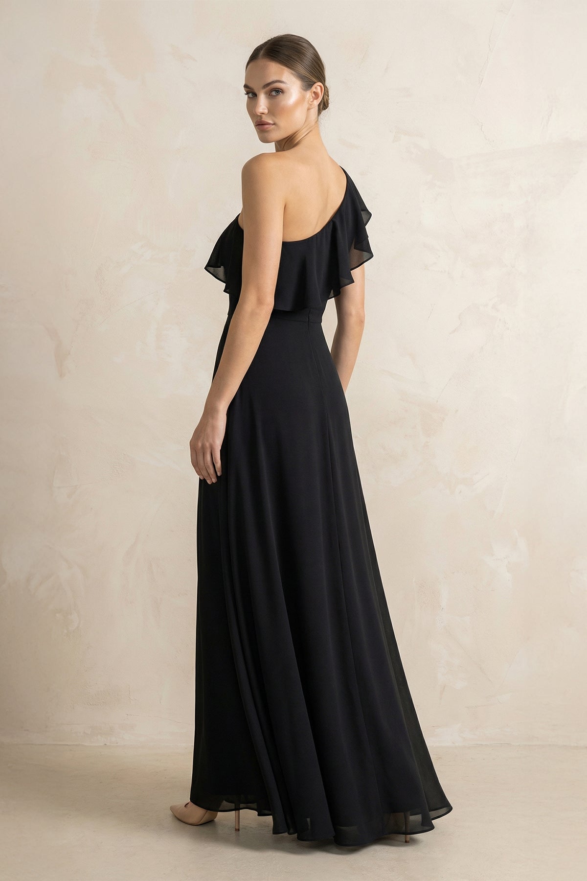 Ruffled One-Shoulder A-Line Chiffon Bridesmaid Dress in Black - Curvevia