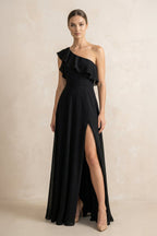 Ruffled One-Shoulder A-Line Chiffon Bridesmaid Dress in Black - Curvevia