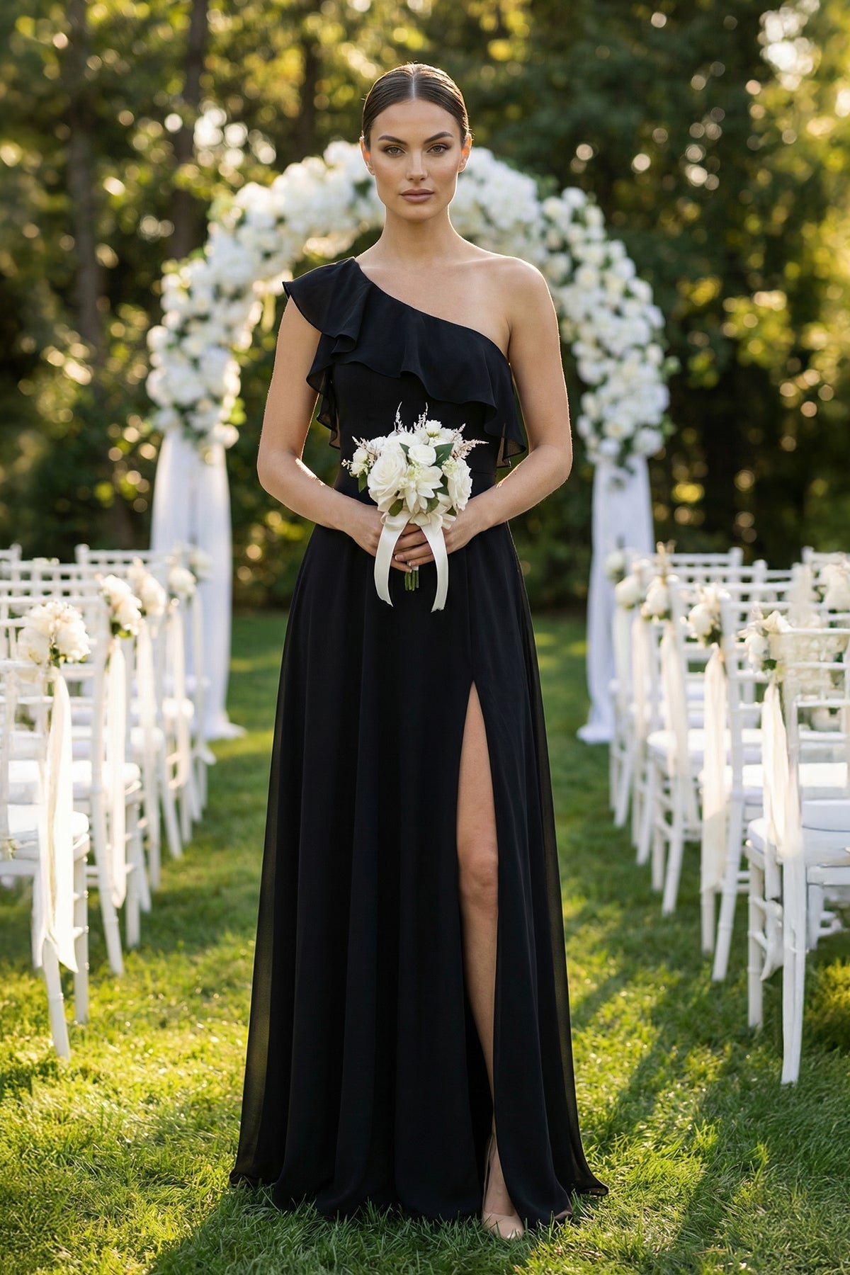 Ruffled One-Shoulder A-Line Chiffon Bridesmaid Dress in Black - Curvevia