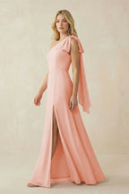 Ruffled One Shoulder Chiffon Bridesmaid Dress With Slit in Rose Petal - Curvevia