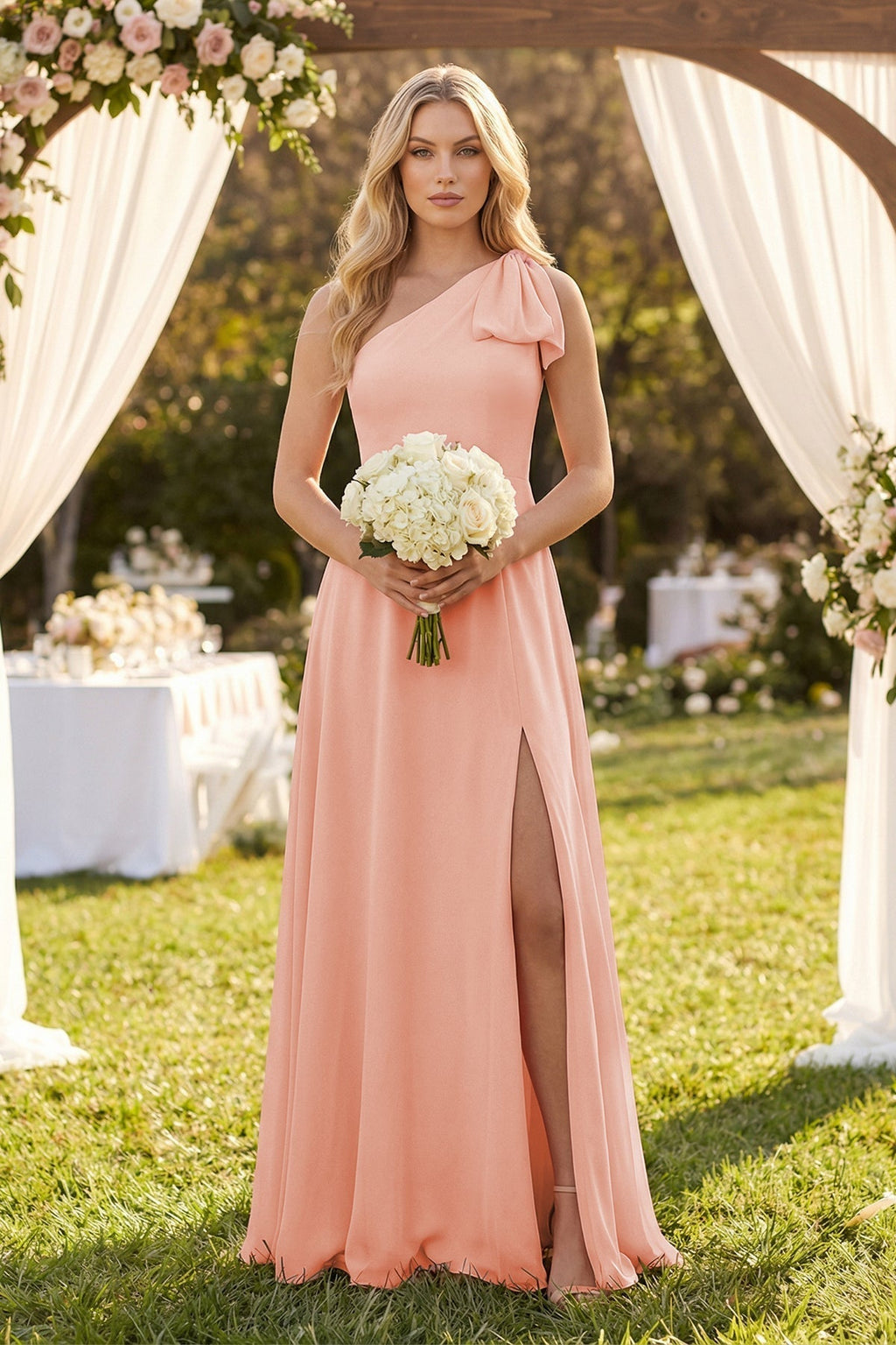 Ruffled One Shoulder Chiffon Bridesmaid Dress With Slit in Rose Petal - Curvevia