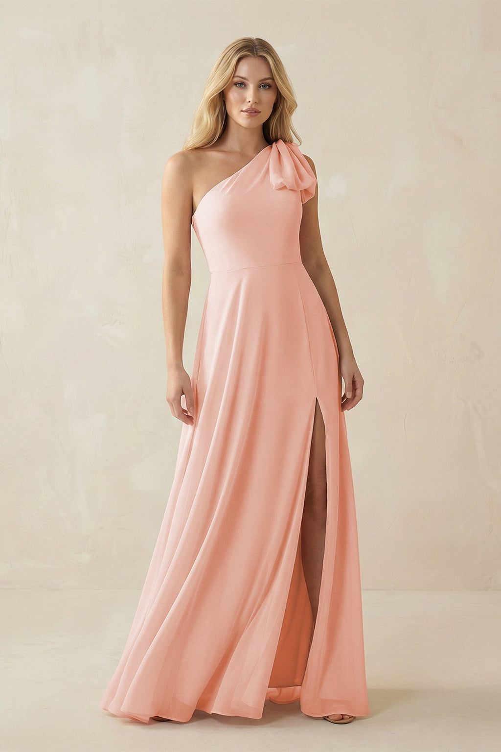 Ruffled One Shoulder Chiffon Bridesmaid Dress With Slit in Rose Petal - Curvevia